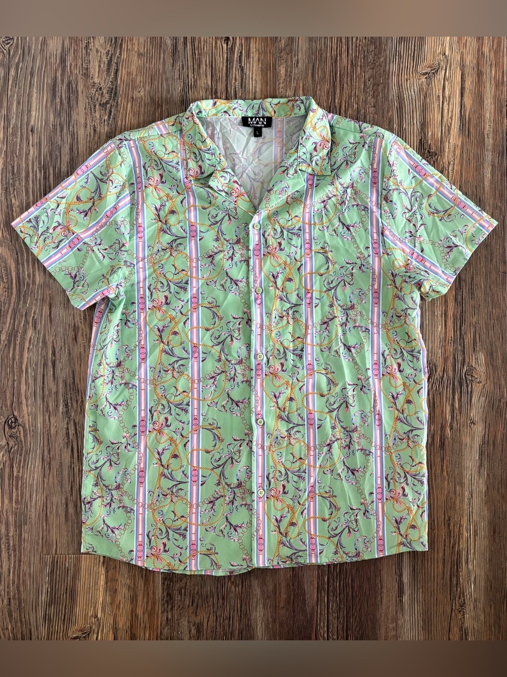 boohooMAN Short Sleeve Button-Up Printed Shirt Mens L Green Pastel Chain Pattern